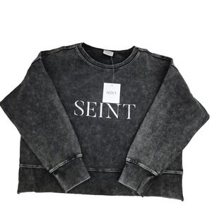SEINT Shirt Womens M Black Logo Crew Neck Long Sleeve Oversized Crop Pullover